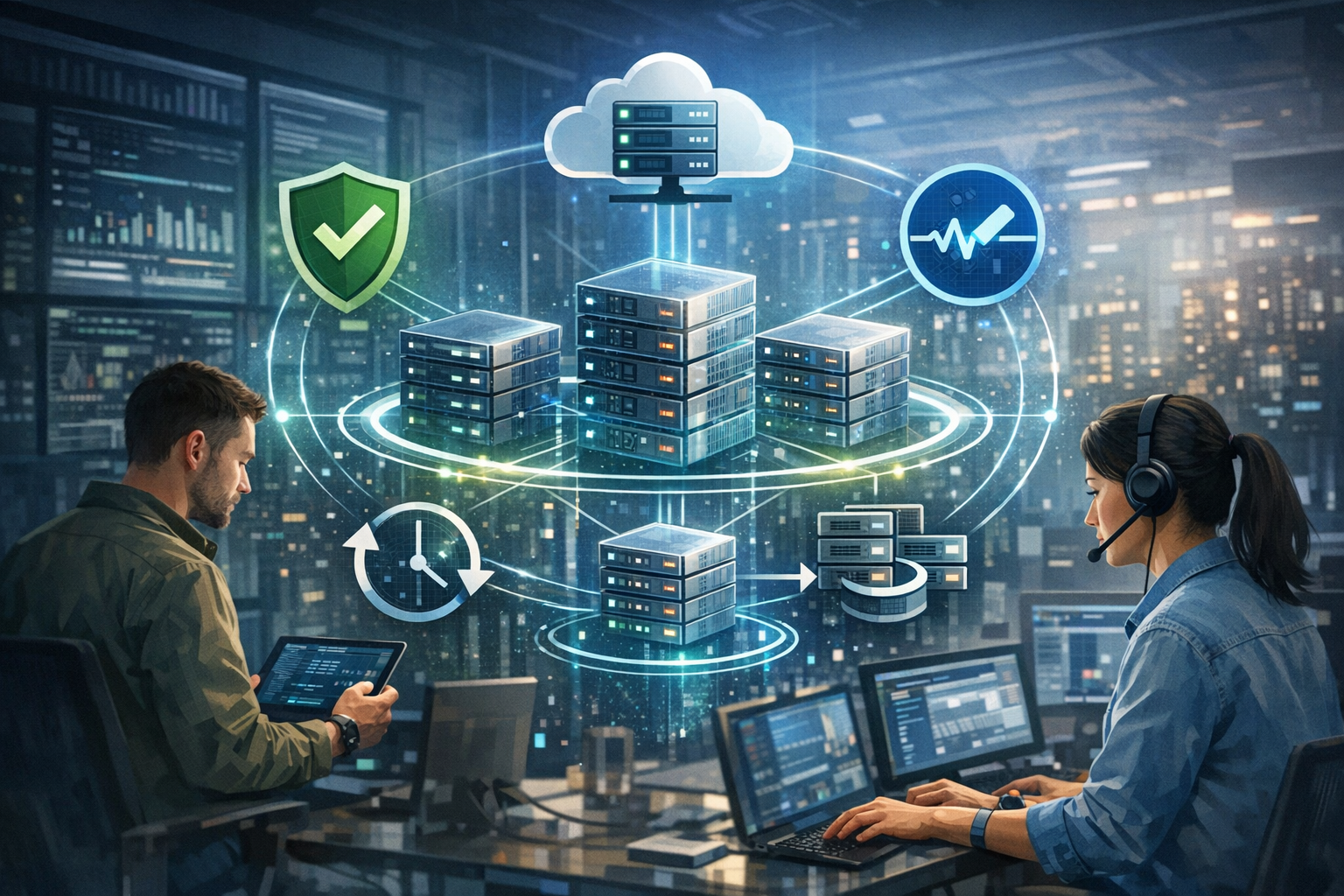 Ilustración de servidores virtuales interconectados con iconos de seguridad y alta disponibilidad