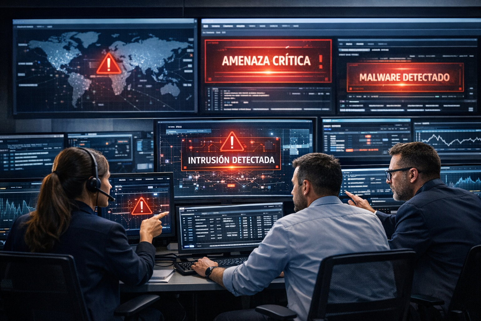 Equipo SOC/NOC monitoreando múltiples alertas en pantallas digitales en un centro de operaciones moderno.