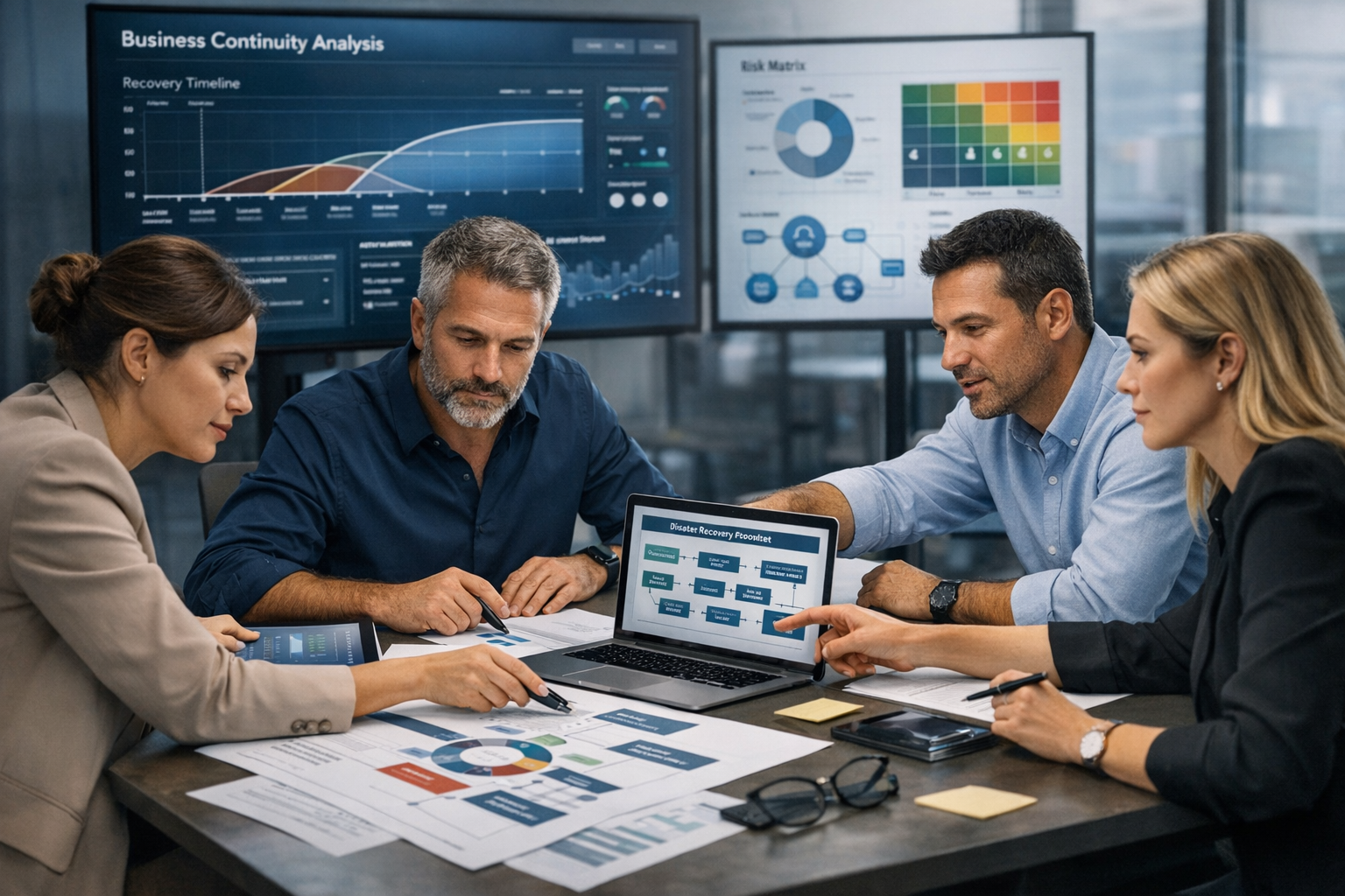 Equipo de trabajo colaborando en diseño de plan de continuidad operativa
