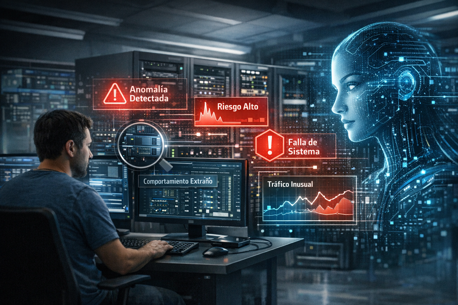 Representación gráfica de inteligencia artificial monitoreando infraestructura IT con alertas de anomalías