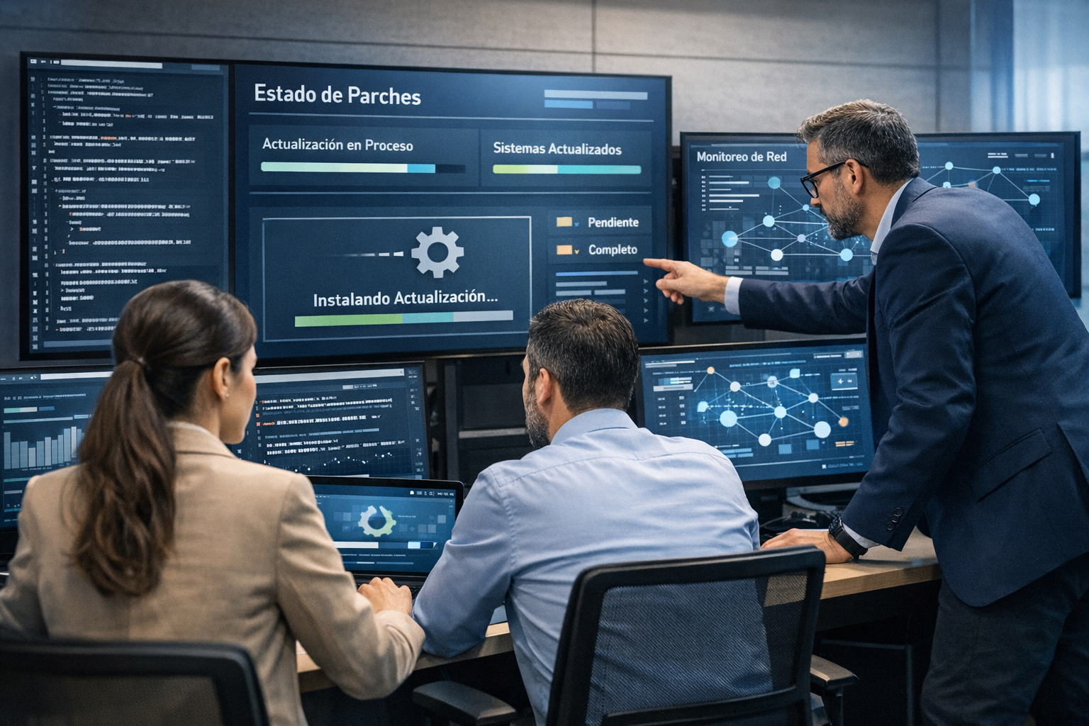 Equipo de profesionales de IT gestionando actualizaciones y parches en infraestructura empresarial