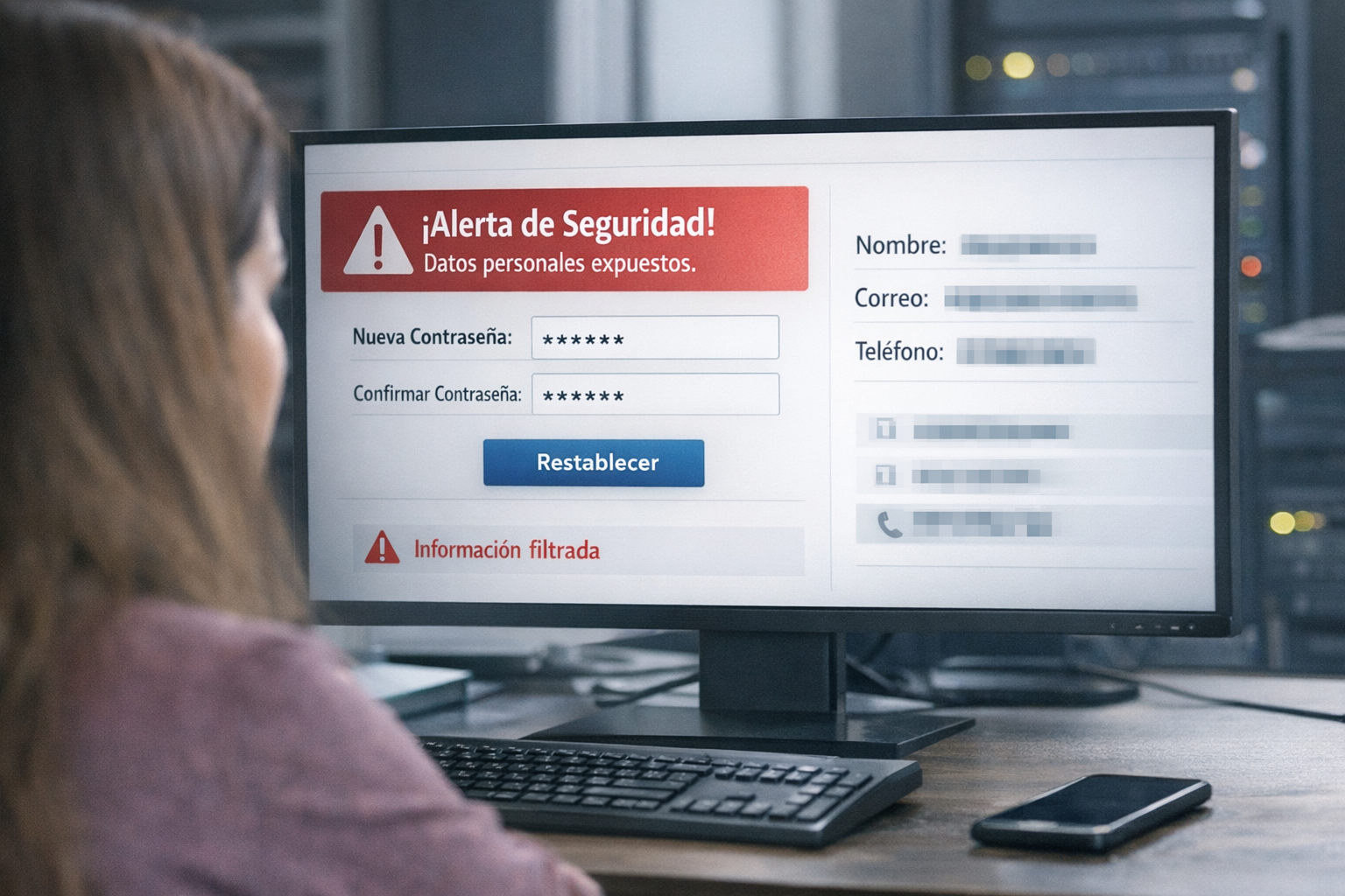 Pantalla de restablecimiento de contraseña con alerta de exposición de datos personales