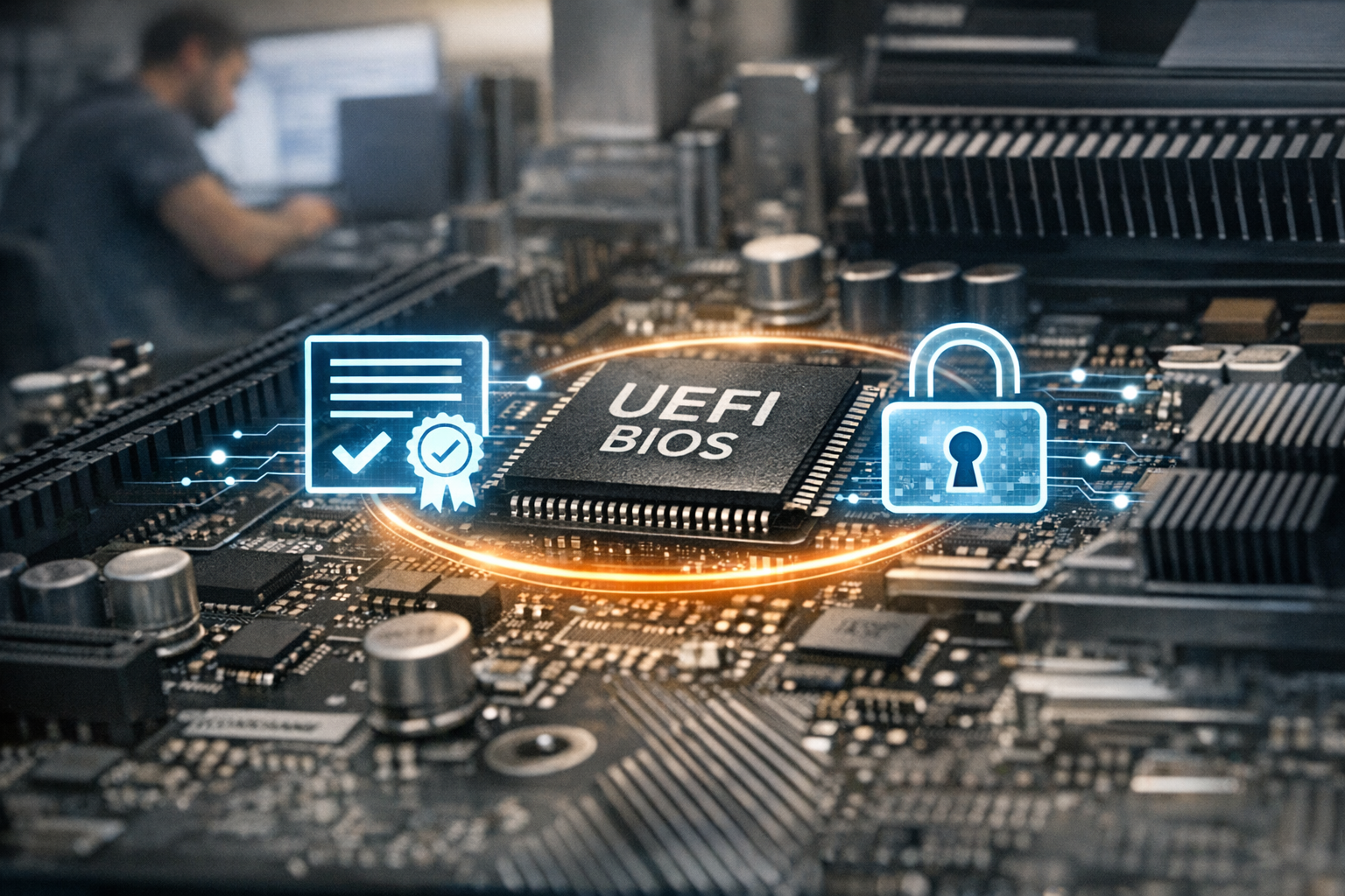 Placa base con chip UEFI y símbolos digitales de seguridad representando certificados Secure Boot