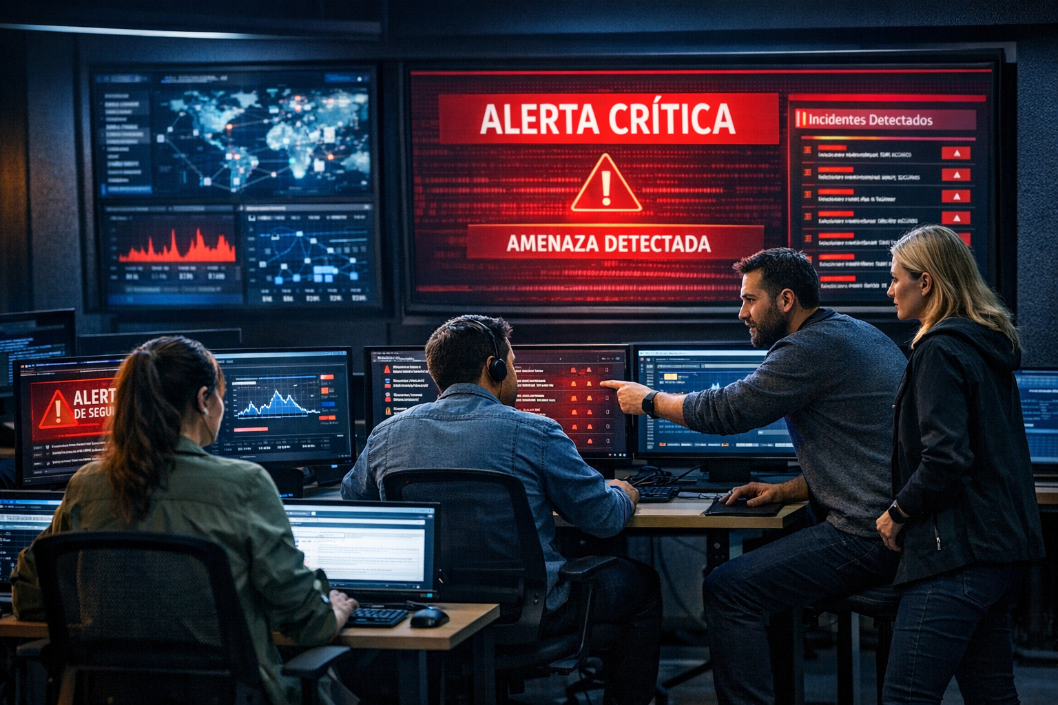 Equipo de monitoreo IT revisando alertas en pantallas en una sala de control moderna