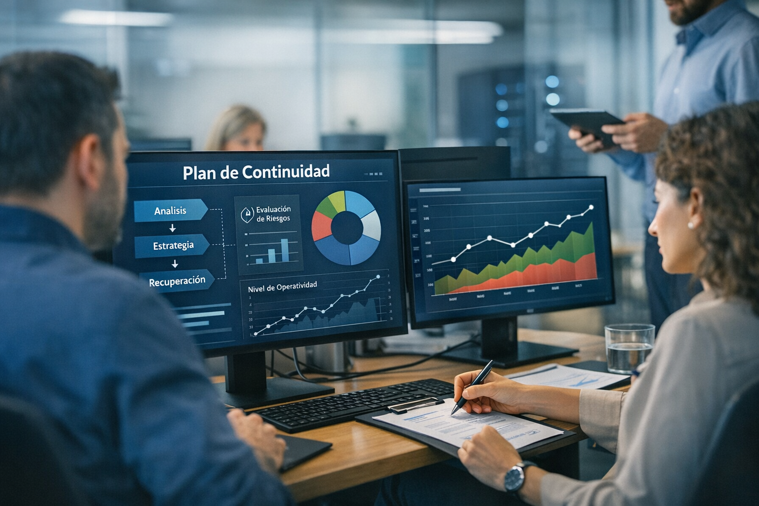Equipo de pyme trabajando en plan de continuidad operativa con gráficos en pantalla