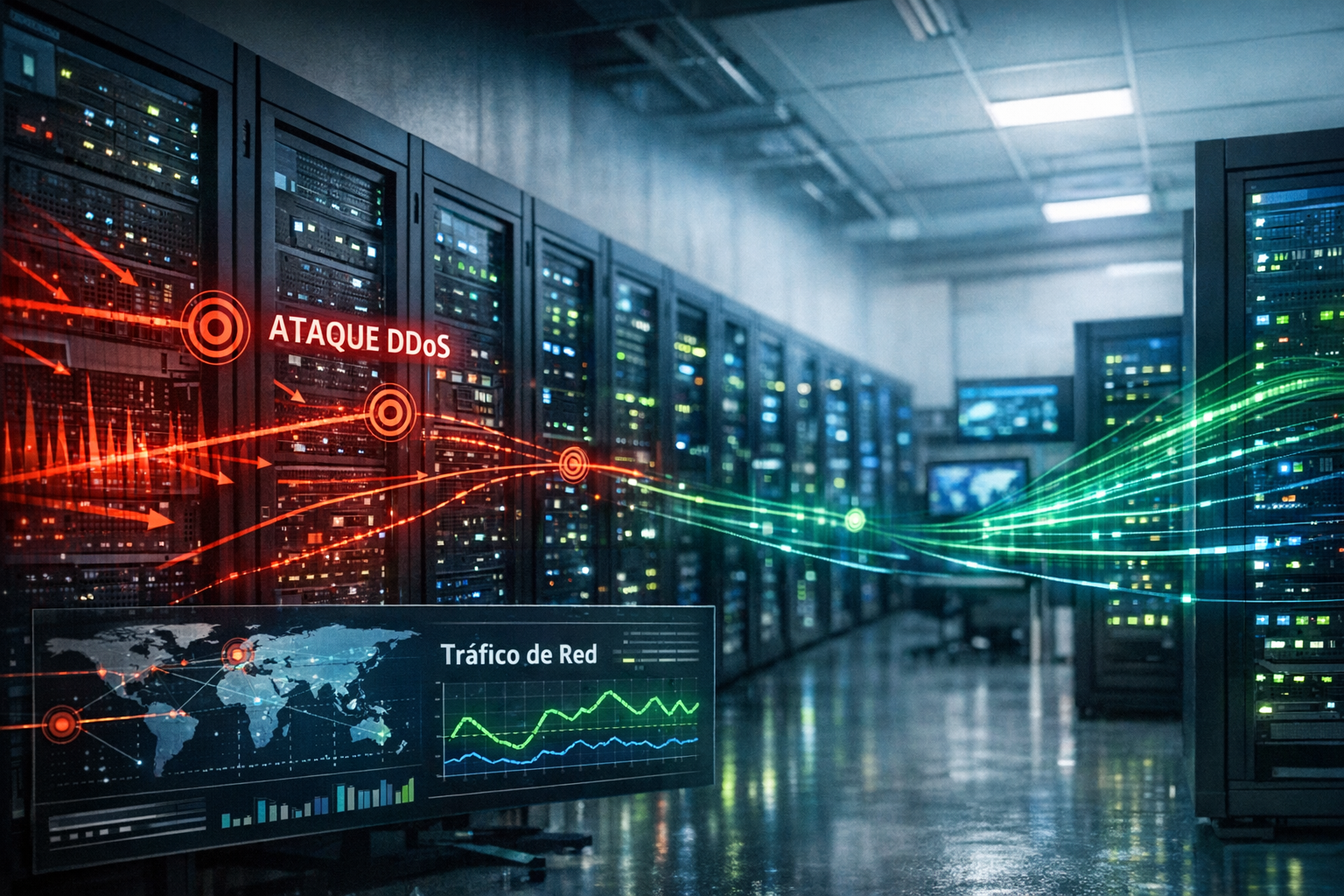 Centro de datos con gráficos digitales que representan simulación de ataques DDoS
