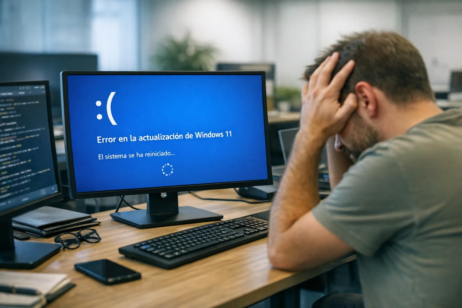 Pantalla de computadora con mensaje de error en oficina moderna, representando problemas con actualización de Windows 11