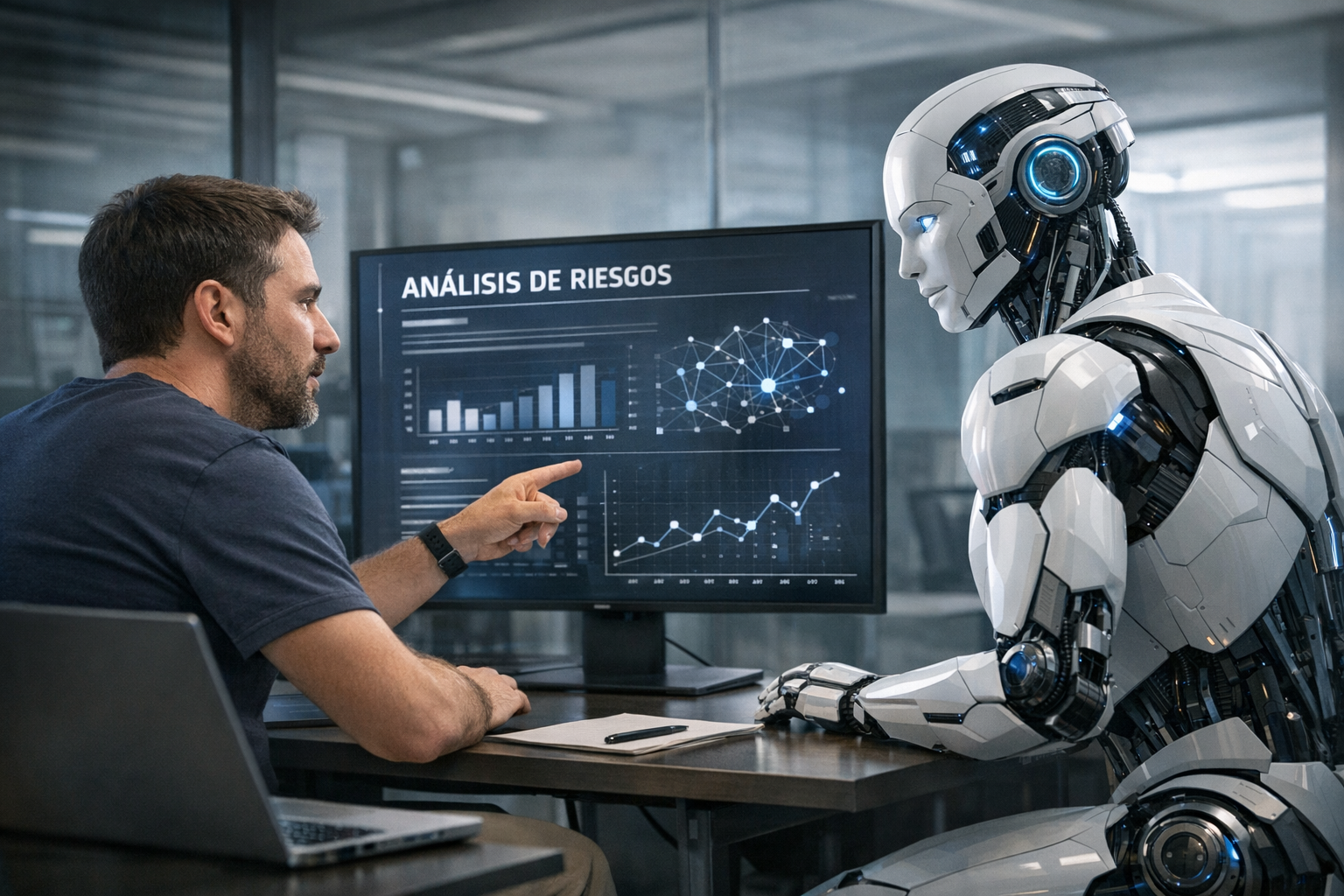 Representación de inteligencia artificial colaborando con profesionales en un entorno empresarial moderno y tecnológico.
