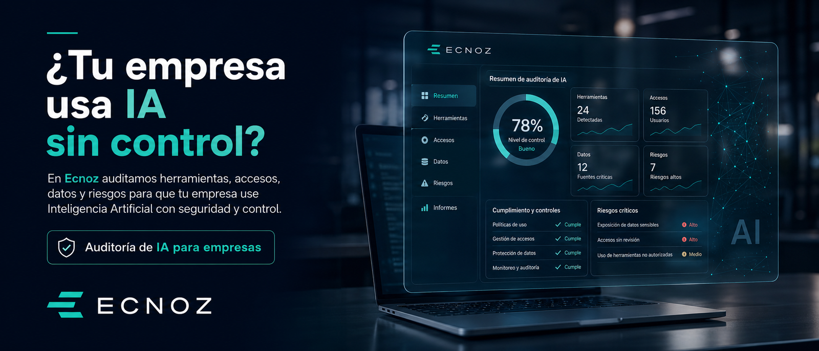 Panel de auditoría de IA de Ecnoz con métricas de herramientas, accesos, datos y riesgos empresariales